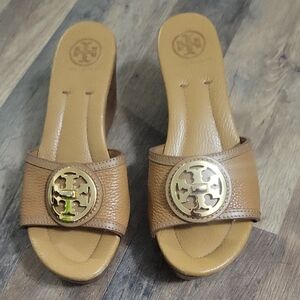 Tory Burch Brown Leather Mules with Gold Accent